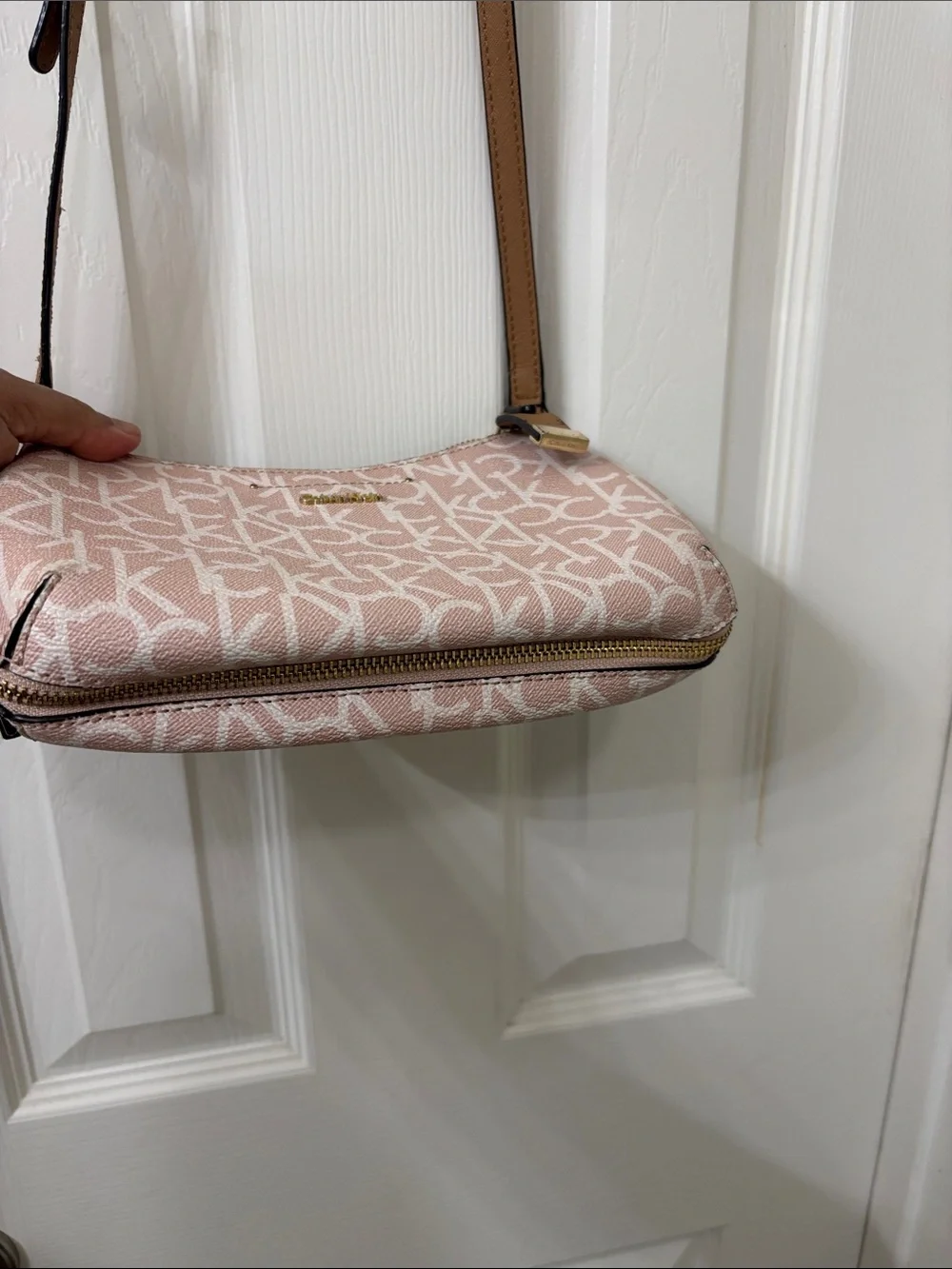 Calvin Klein Pink Logo Monogram Crossbody with Tan Strap